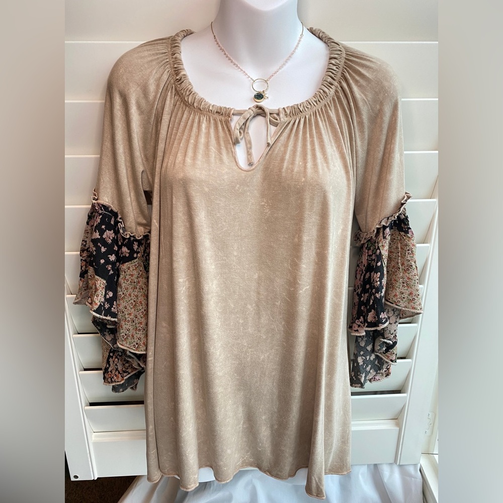 Mineral Washed Boho Top With Floral Sleeves